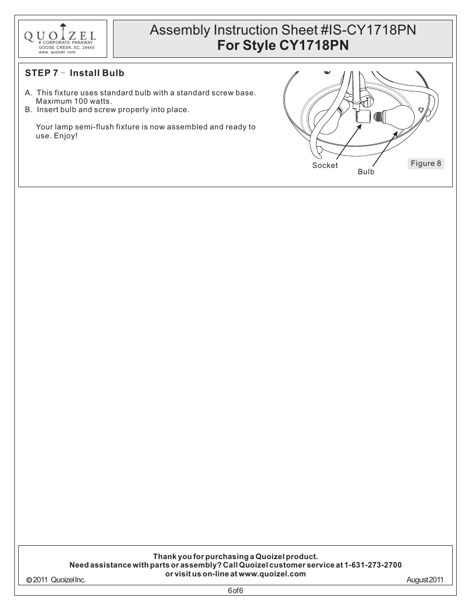 Quoizel CY1718PN Chantilly User Manual | Page 6 / 6