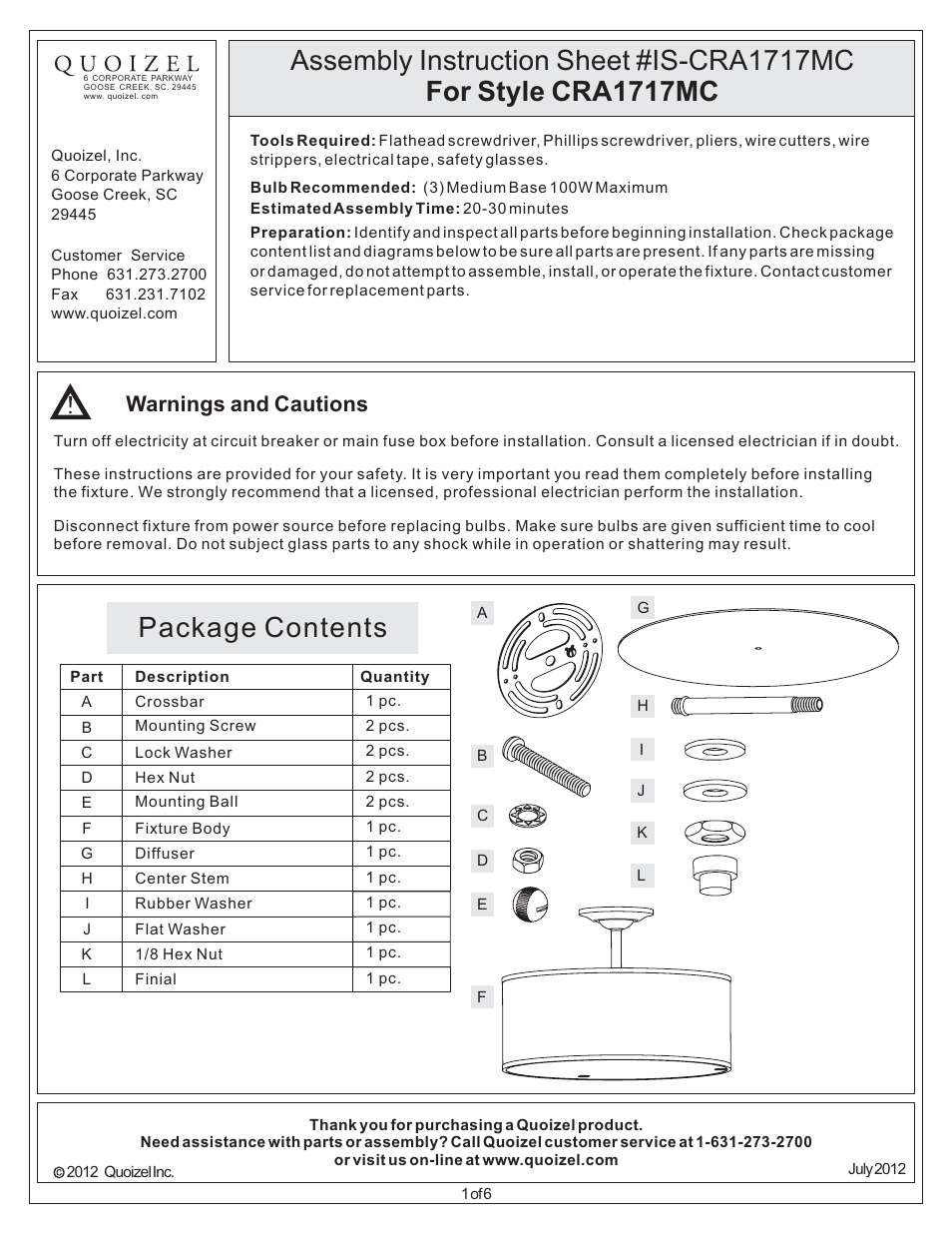 Quoizel CRA1717MC Cloverdale User Manual | 6 pages