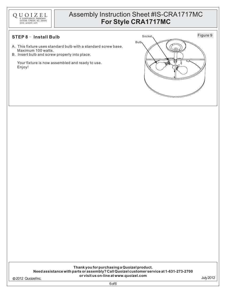 Quoizel CRA1717MC Cloverdale User Manual | Page 6 / 6