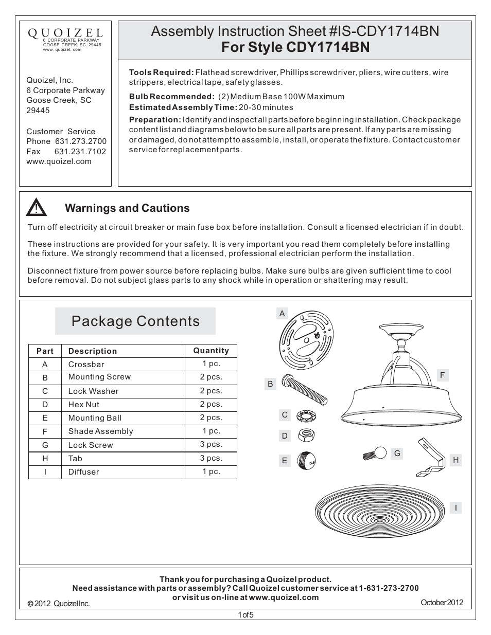 Quoizel CDY1714BN Cody User Manual | 5 pages