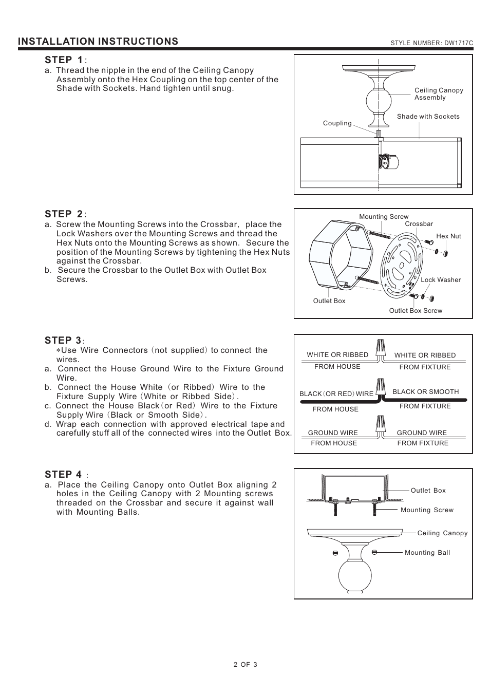 Step 1, Installation instructions, Step 2 | Step 3, Step 4 | Quoizel DW1717C Downtown User Manual | Page 2 / 3