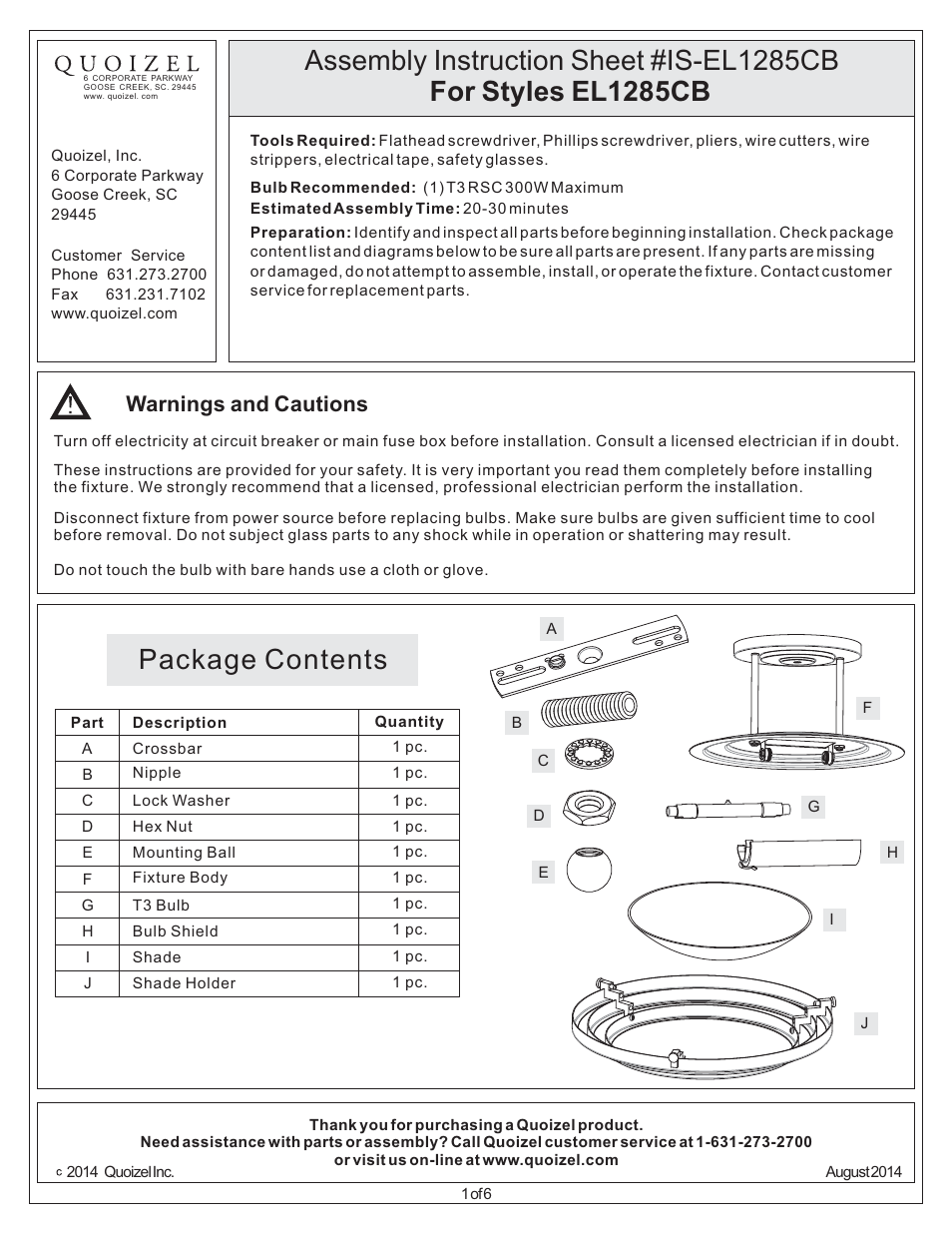 Quoizel EL1285CB Electra User Manual | 6 pages