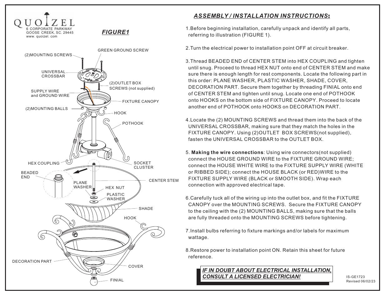 Quoizel GE1723SE Genova User Manual | 1 page