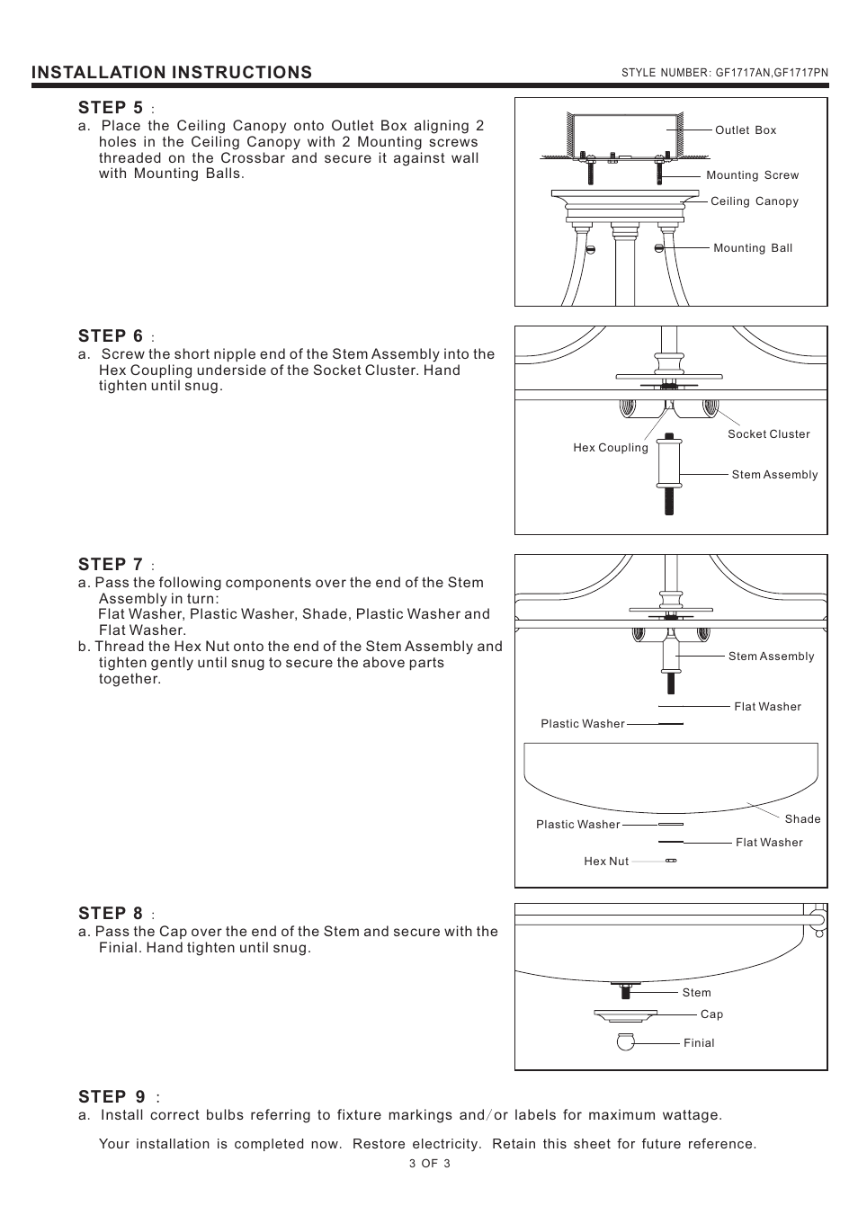 Installation instructions, Step 5, Step 6 | Step 7, Step 8, Step 9 | Quoizel GF1717AN Griffin User Manual | Page 3 / 3