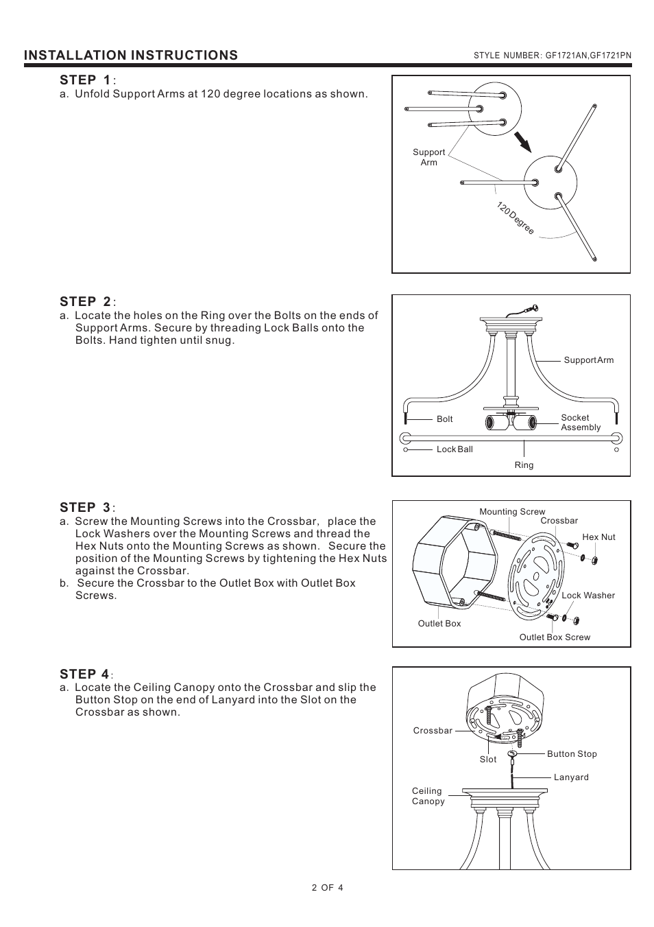 Installation instructions, Step 1, Step 2 | Step 3, Step 4 | Quoizel GF1721AN Griffin User Manual | Page 2 / 4