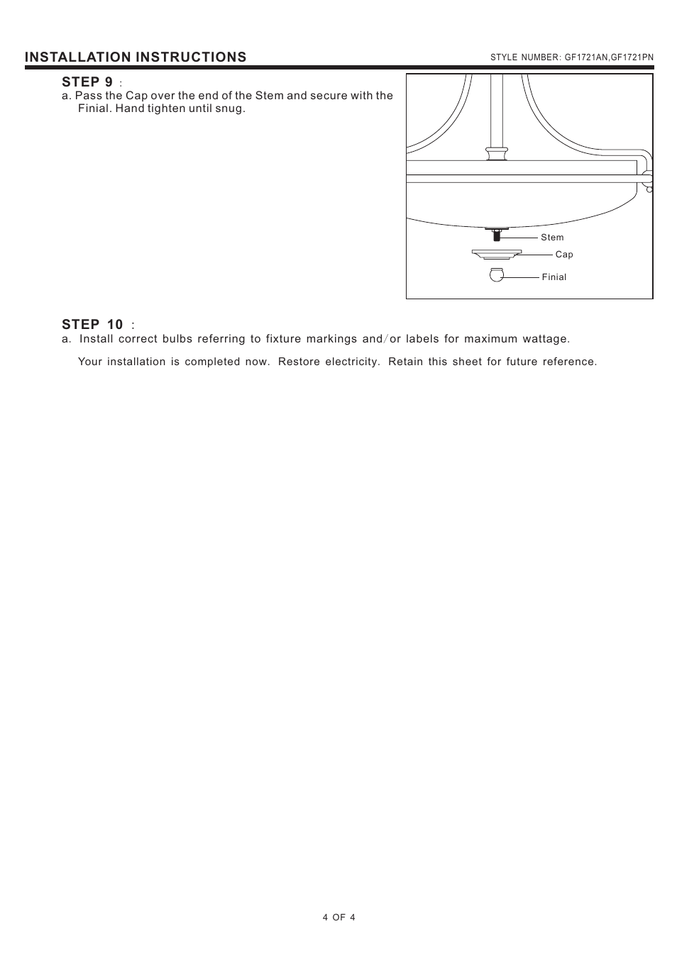 Step 9, Step 10, Installation instructions | Quoizel GF1721AN Griffin User Manual | Page 4 / 4