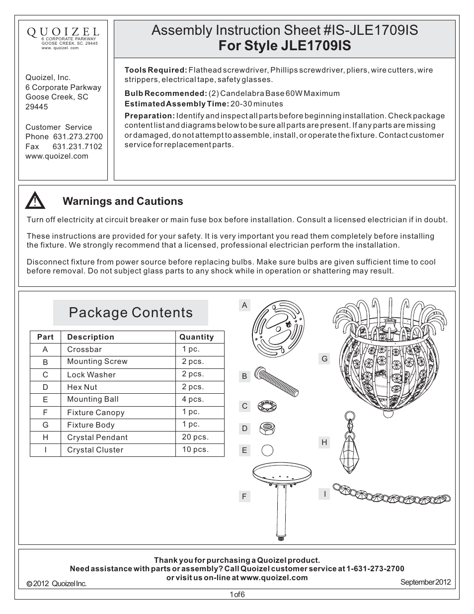 Quoizel JLE1709IS Jolene User Manual | 6 pages