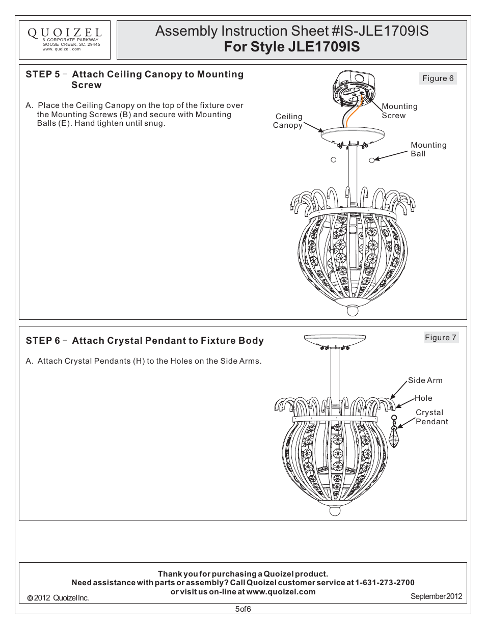 Quoizel JLE1709IS Jolene User Manual | Page 5 / 6