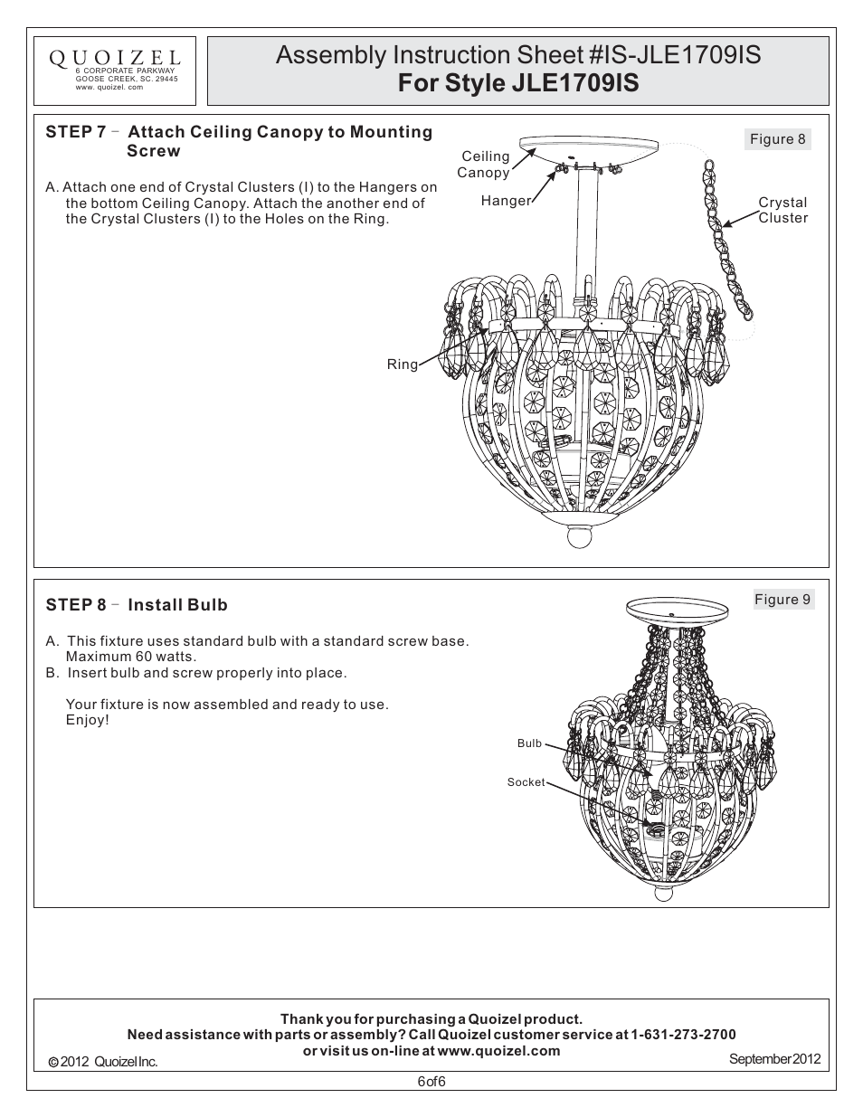 Quoizel JLE1709IS Jolene User Manual | Page 6 / 6