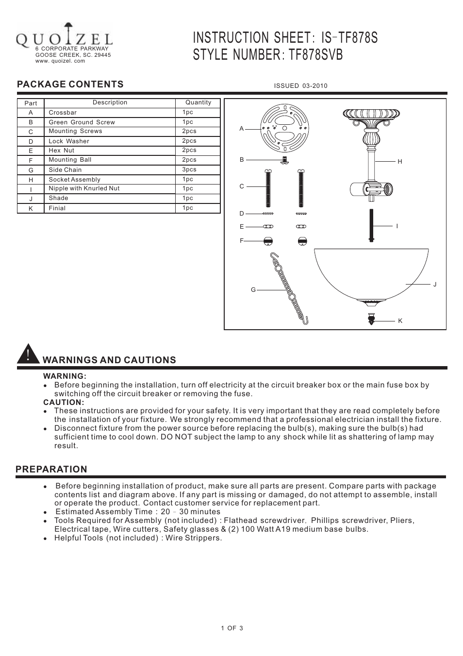 Quoizel TF878SVB Kami User Manual | 3 pages