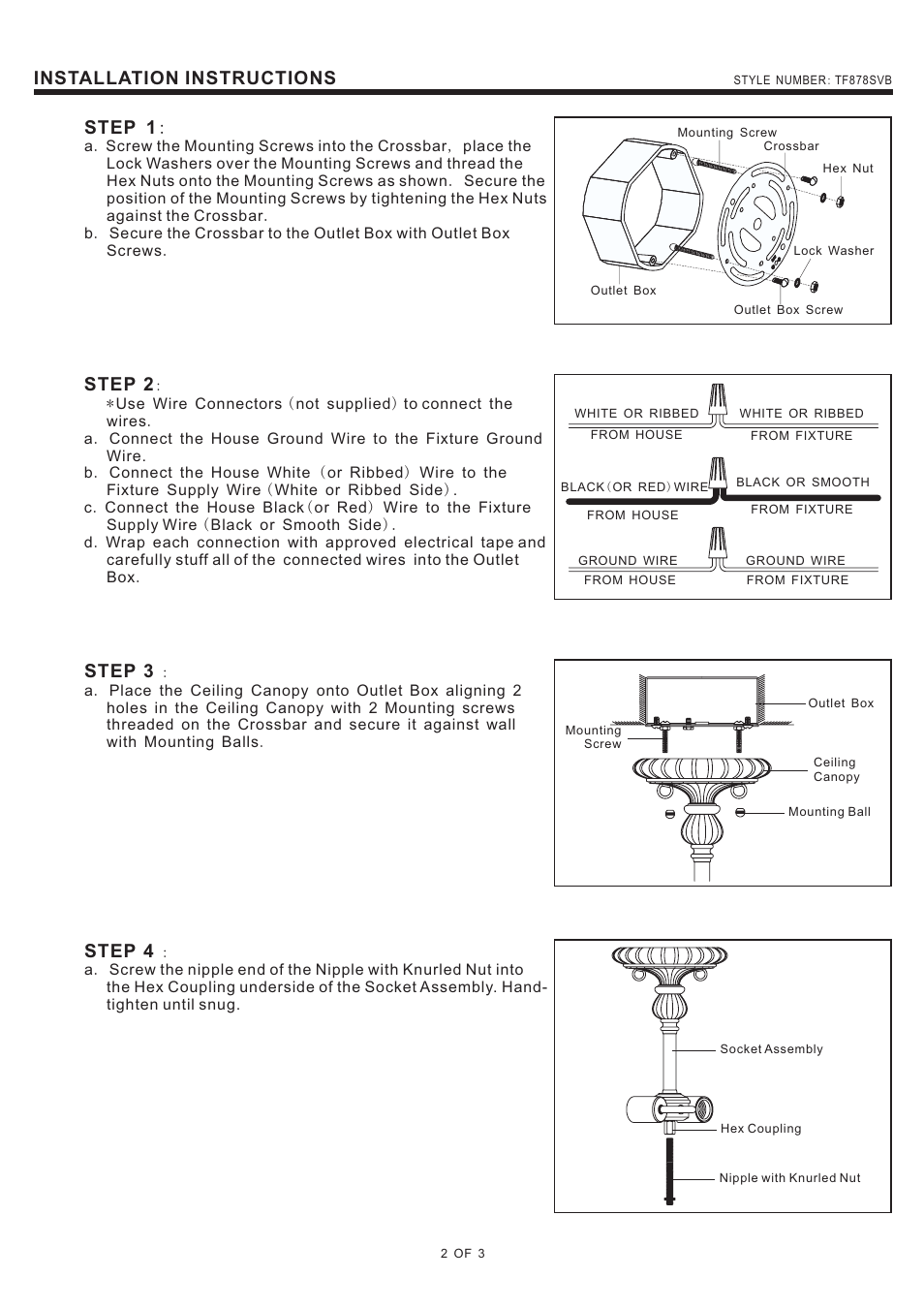 Installation instructions, Step 1, Step 2 | Step 3, Step 4 | Quoizel TF878SVB Kami User Manual | Page 2 / 3