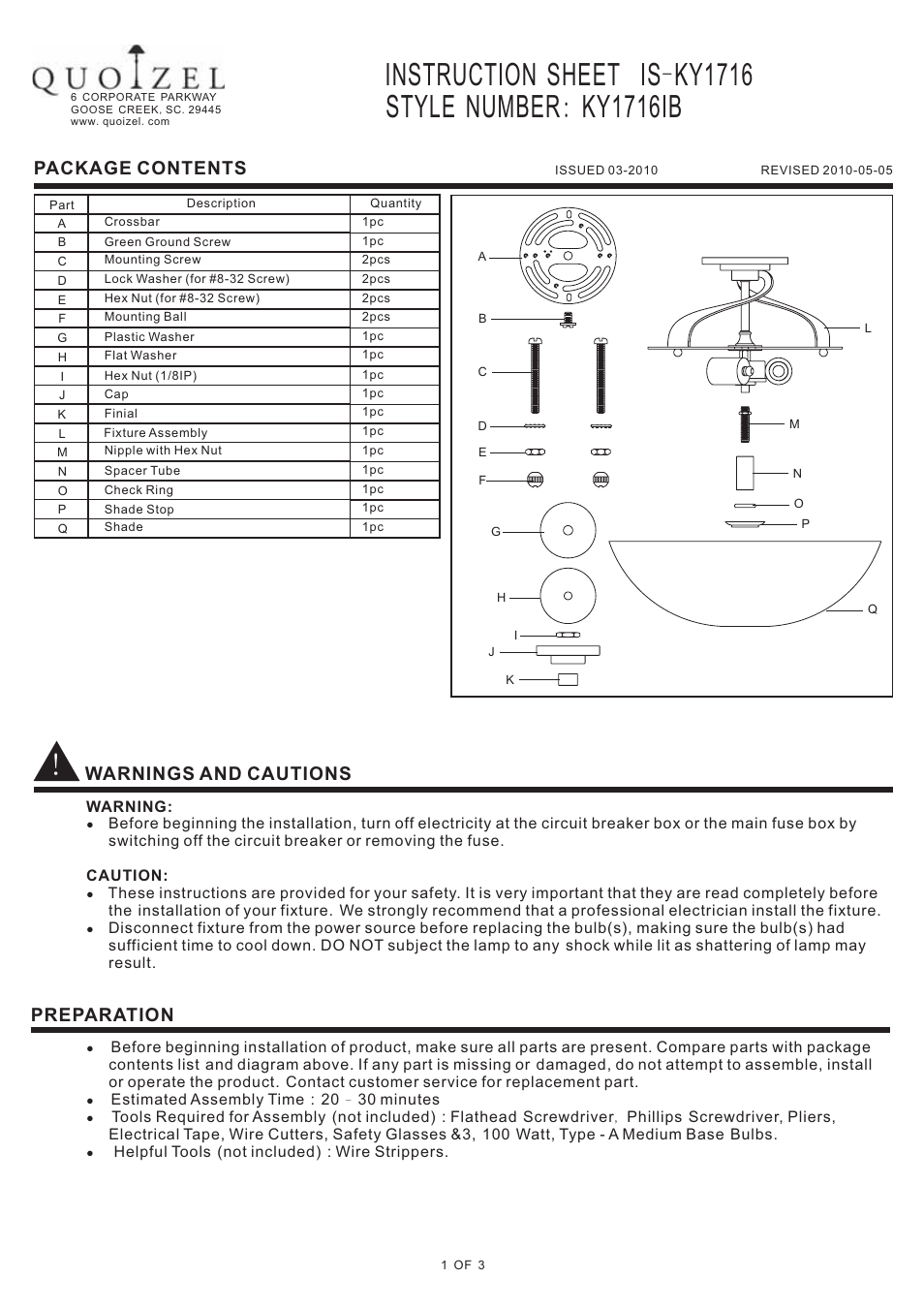 Quoizel KY1716IB Kyle User Manual | 3 pages