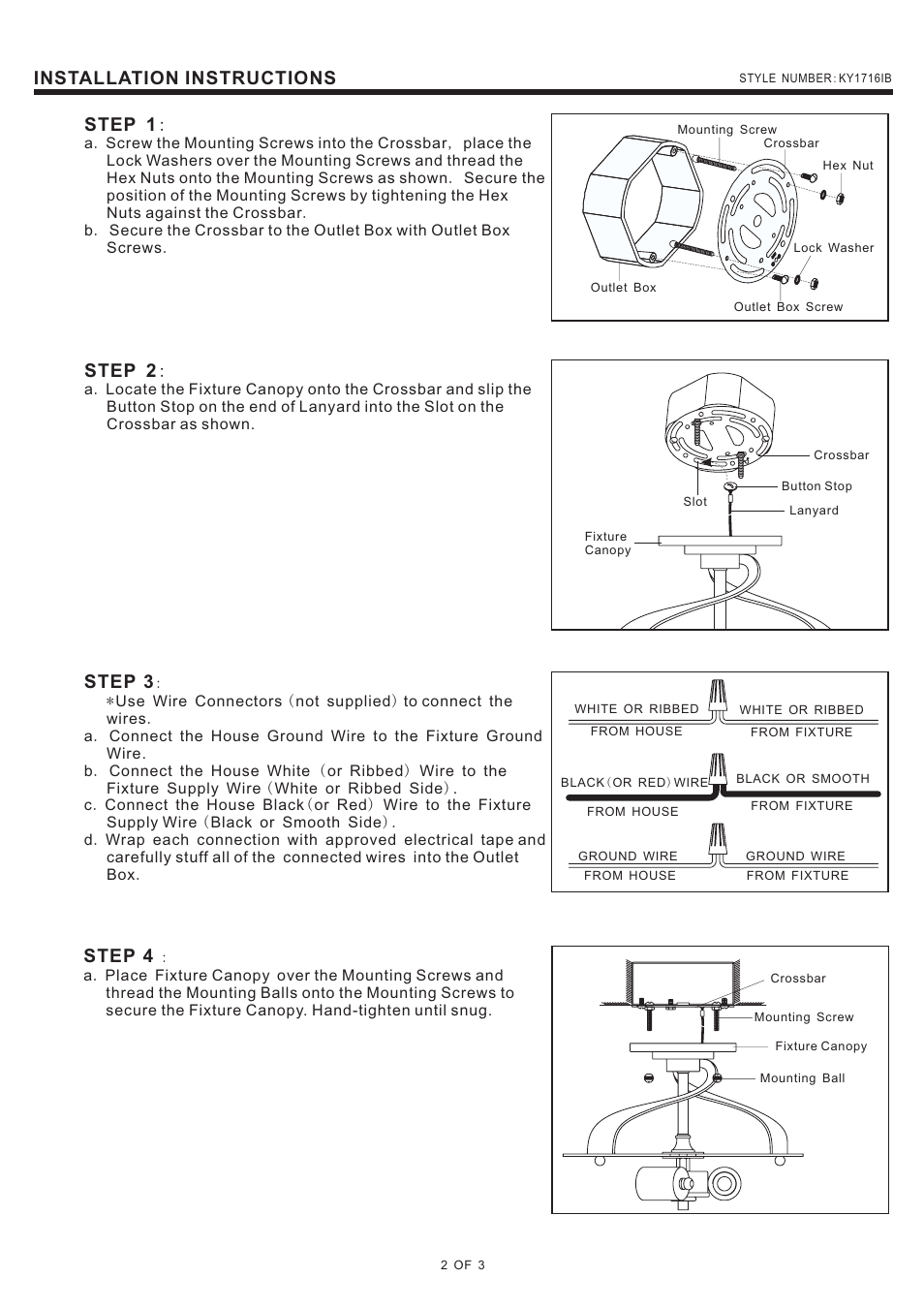 Installation instructions, Step 1, Step 2 | Step 3, Step 4 | Quoizel KY1716IB Kyle User Manual | Page 2 / 3