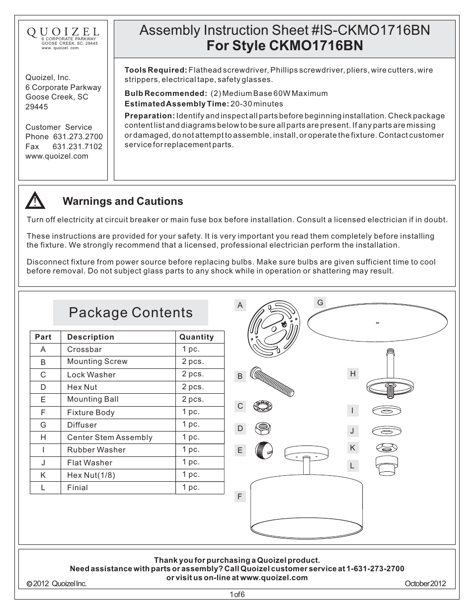 Quoizel CKMO1716BN Metro User Manual | 6 pages