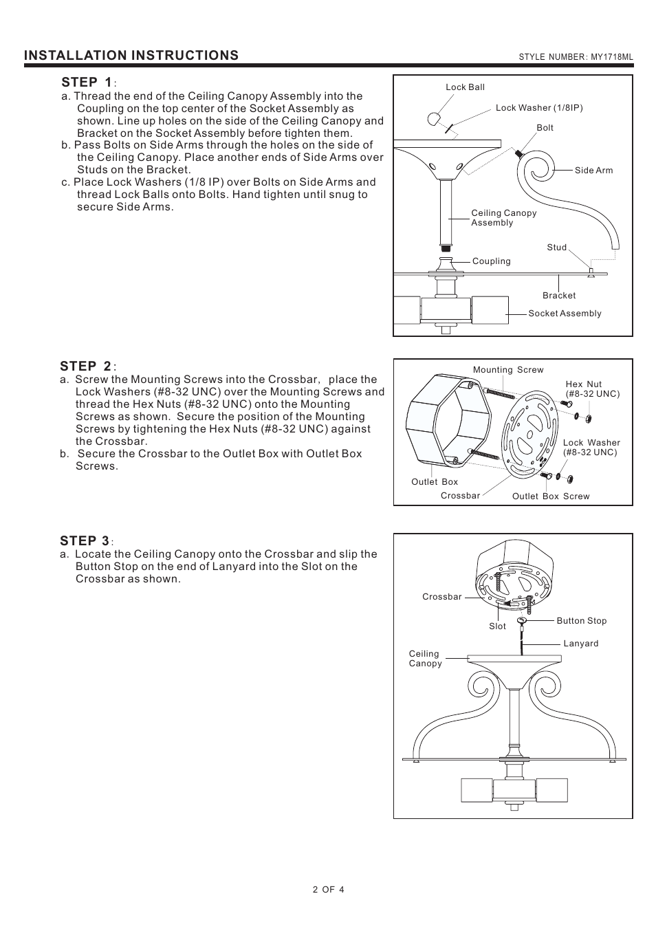 Installation instructions, Step 1, Step 2 | Step 3 | Quoizel MY1718ML Monterey Mosaic User Manual | Page 2 / 4