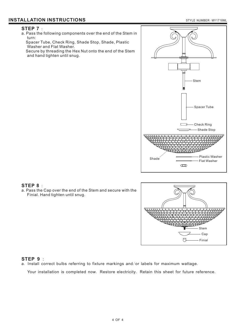 Installation instructions, Step 9, Step 7 | Step 8 | Quoizel MY1718ML Monterey Mosaic User Manual | Page 4 / 4