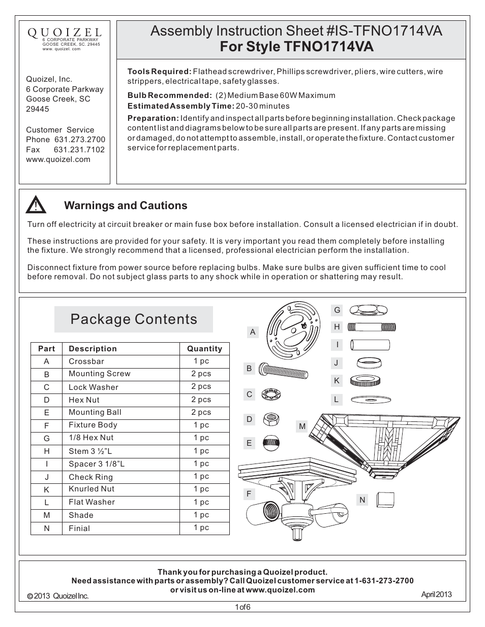 Quoizel TFNO1714VA Navajo User Manual | 6 pages