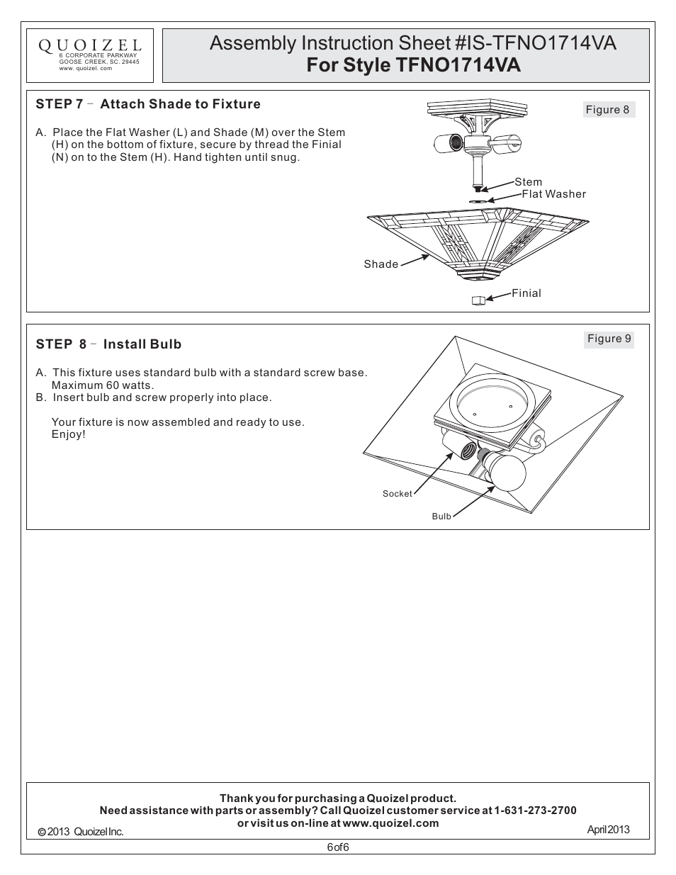 Quoizel TFNO1714VA Navajo User Manual | Page 6 / 6