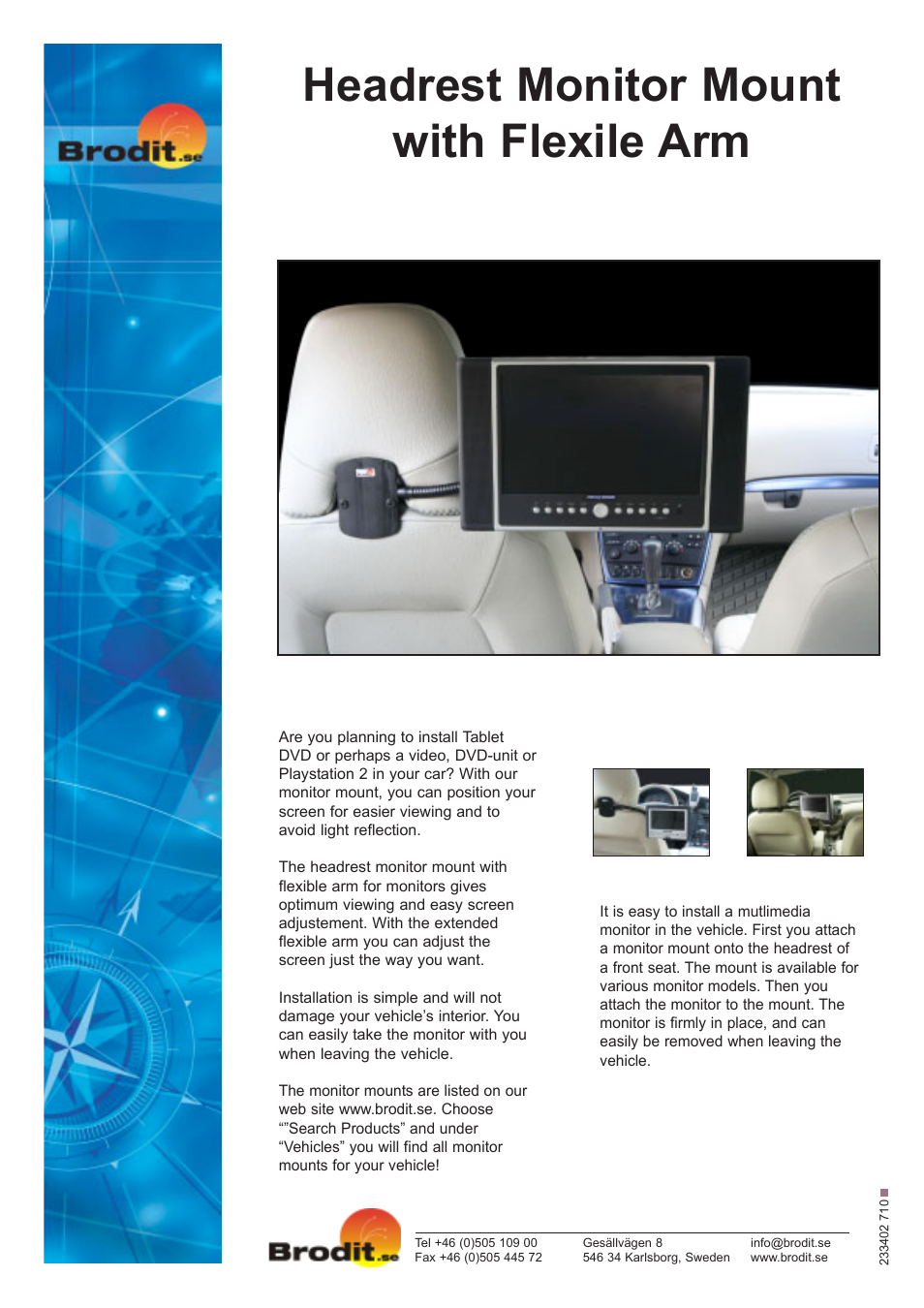 Brodit Headrest Monitor User Manual | 1 page