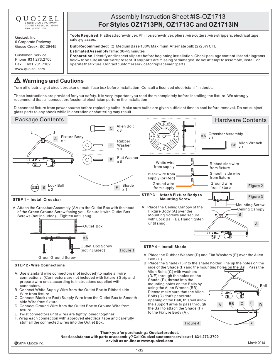 Quoizel OZ1713IN Ozark User Manual | 2 pages