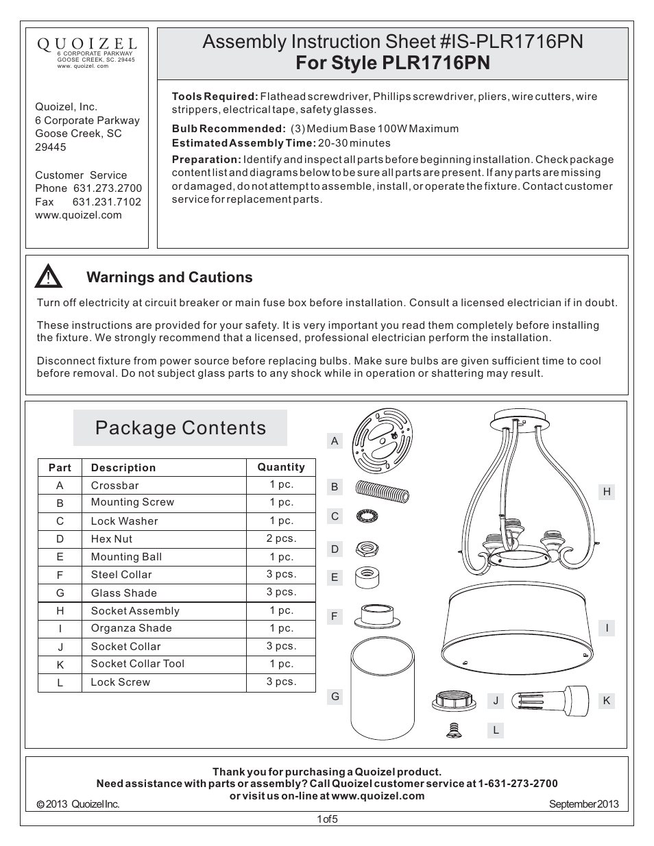 Quoizel PLR1716PN Palmer User Manual | 5 pages