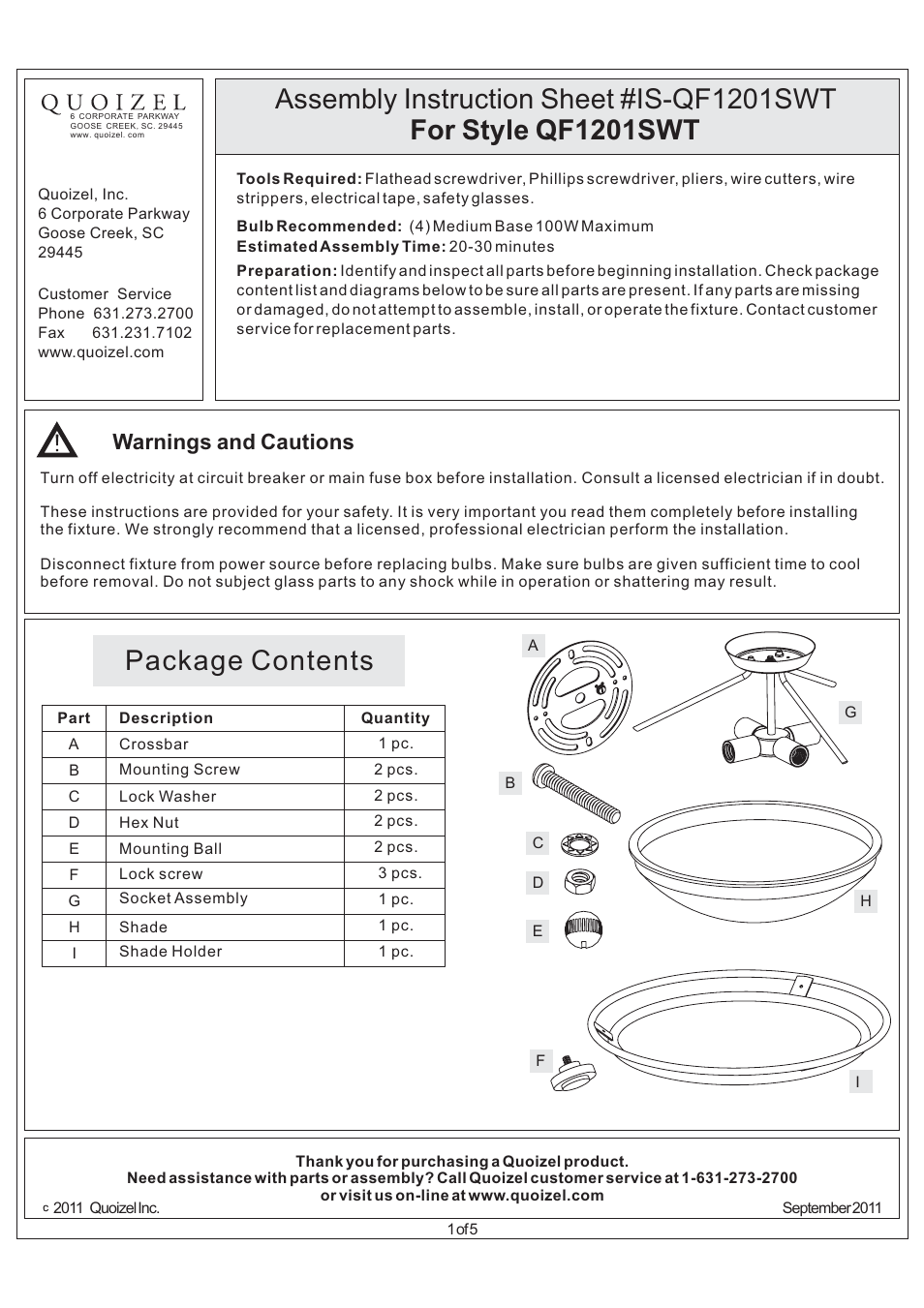 Quoizel QF1201SWT Quoizel Fixture User Manual | 5 pages