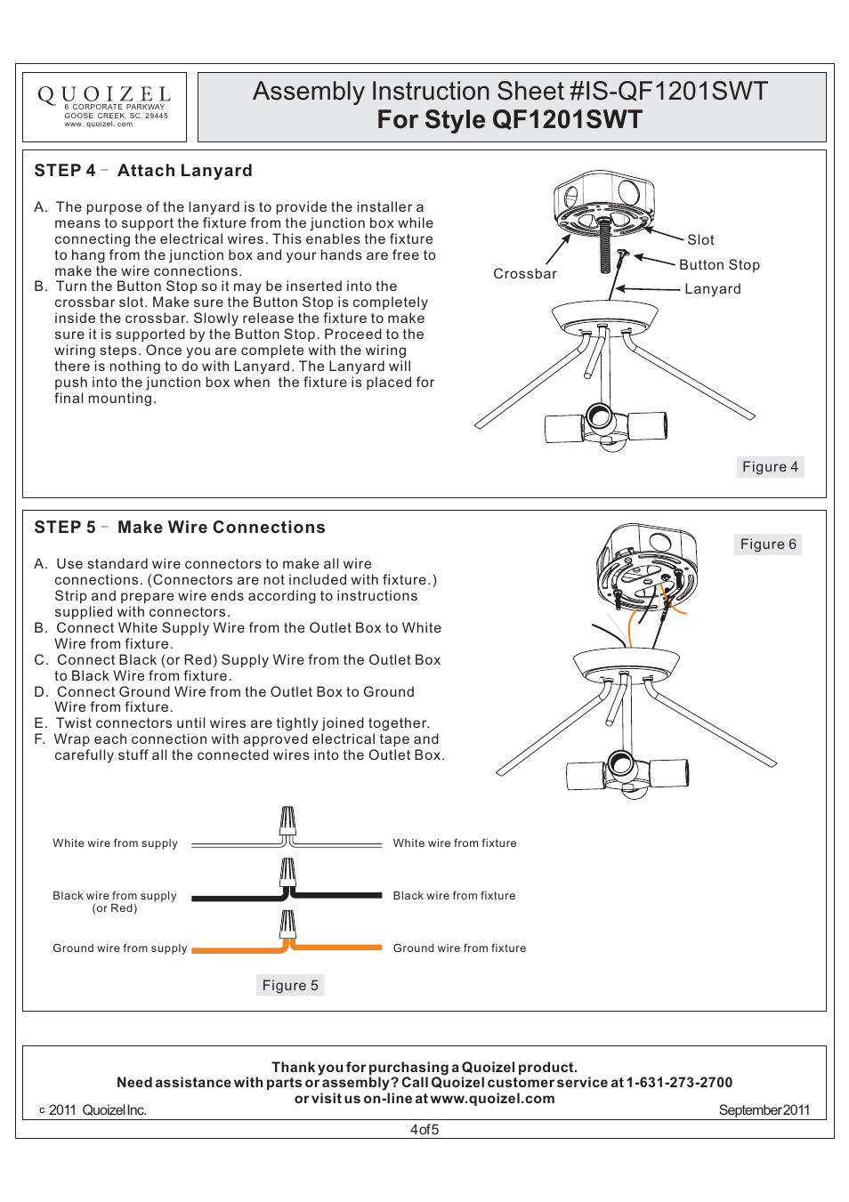Step 5 make wire connections, Step 4 attach lanyard | Quoizel QF1201SWT Quoizel Fixture User Manual | Page 4 / 5