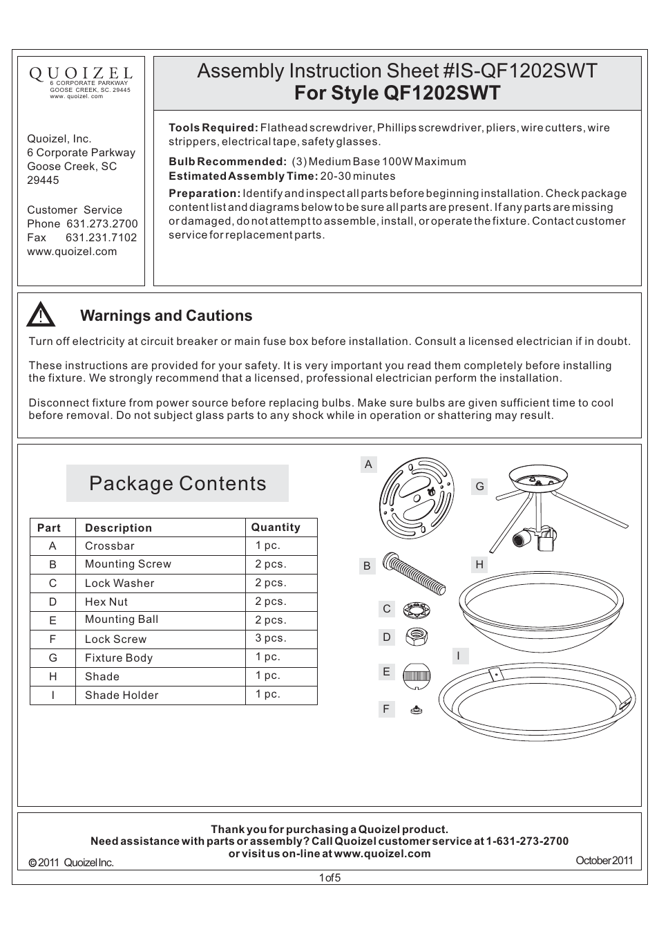 Quoizel QF1202SWT Quoizel Fixture User Manual | 5 pages