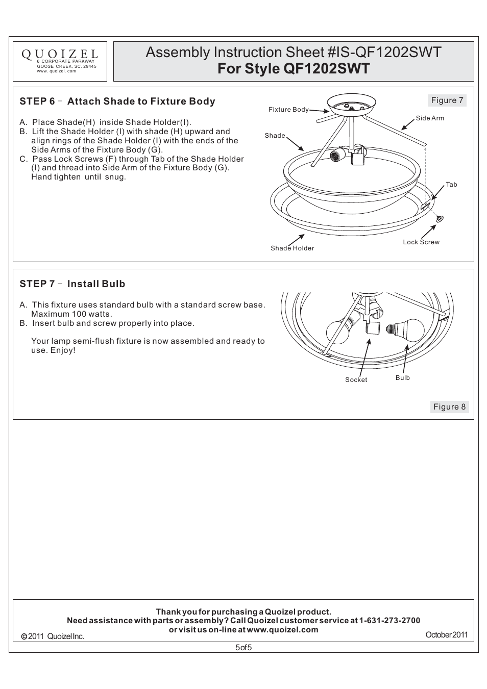 Step 6 attach shade to fixture body, Step 7 install bulb | Quoizel QF1202SWT Quoizel Fixture User Manual | Page 5 / 5