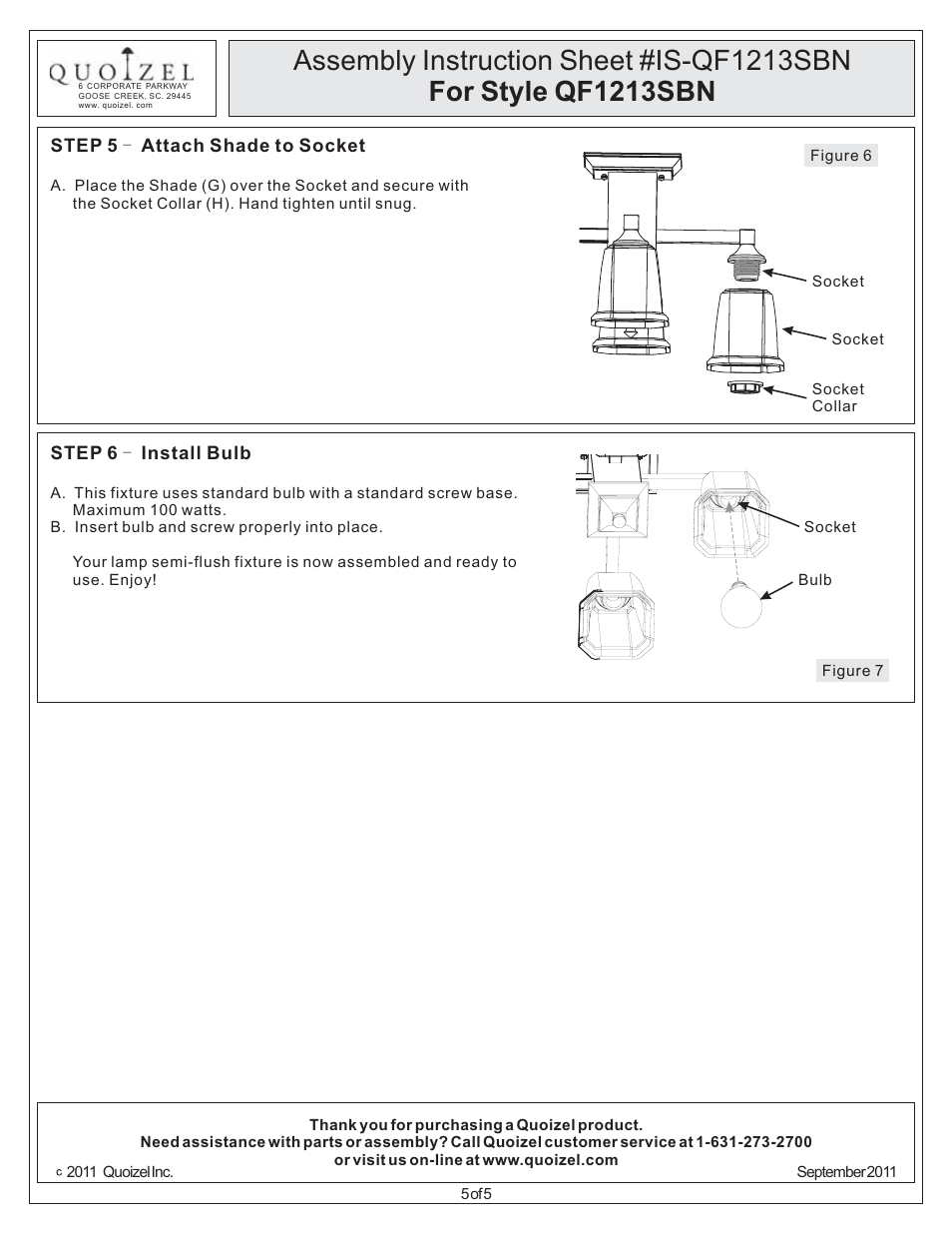 Quoizel QF1213SBN Quoizel Fixture User Manual | Page 5 / 5