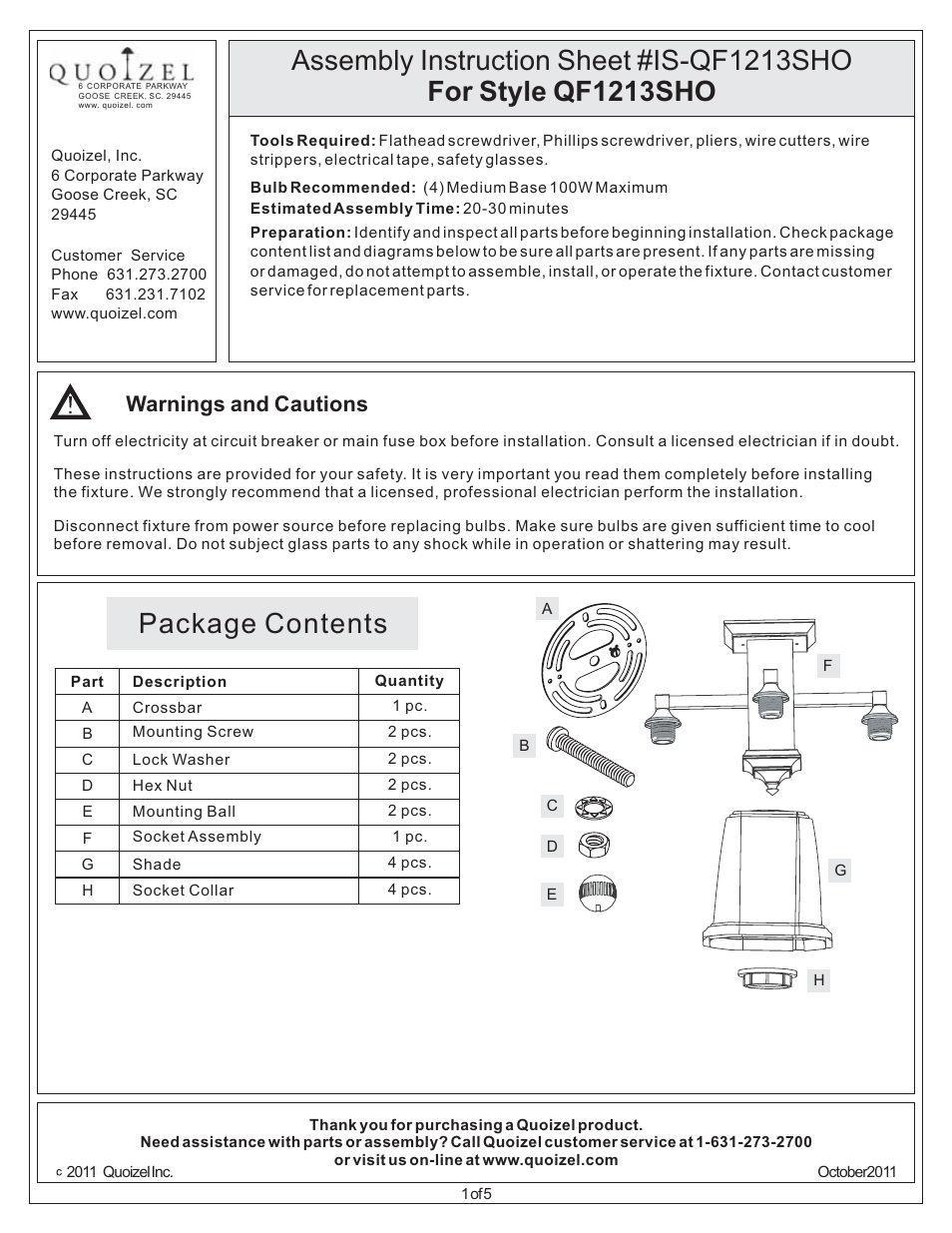 Quoizel QF1213SHO Quoizel Fixture User Manual | 5 pages