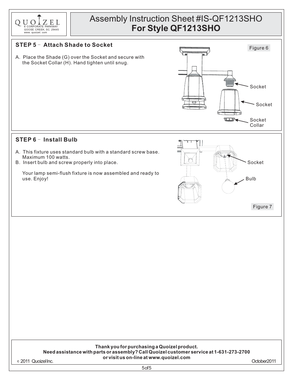 Quoizel QF1213SHO Quoizel Fixture User Manual | Page 5 / 5