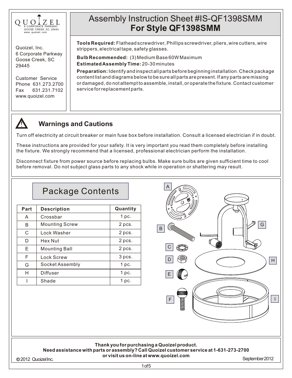 Quoizel QF1398SMM Quoizel Fixture User Manual | 5 pages