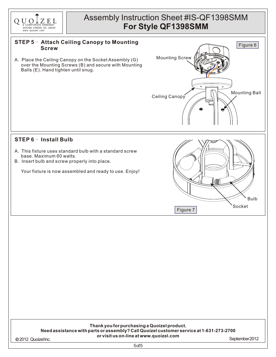 Quoizel QF1398SMM Quoizel Fixture User Manual | Page 5 / 5