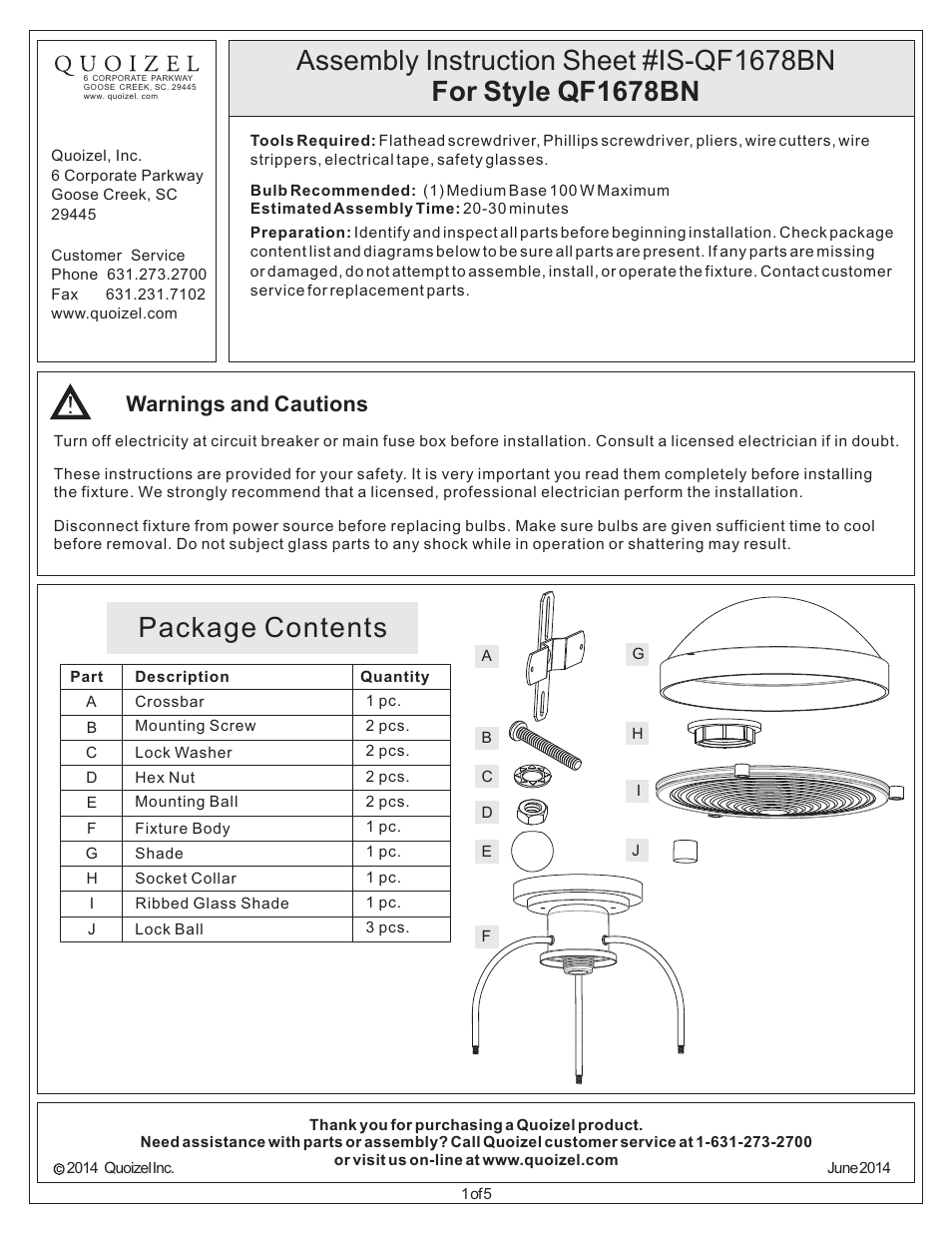 Quoizel QF1678BN Quoizel Fixture User Manual | 5 pages