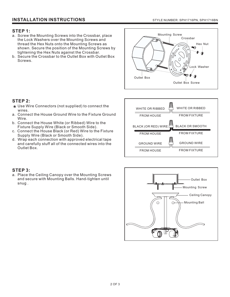 Installation instructions, Step 2, Step 3 | Step 1 | Quoizel SPH1716BN Sophia User Manual | Page 2 / 3