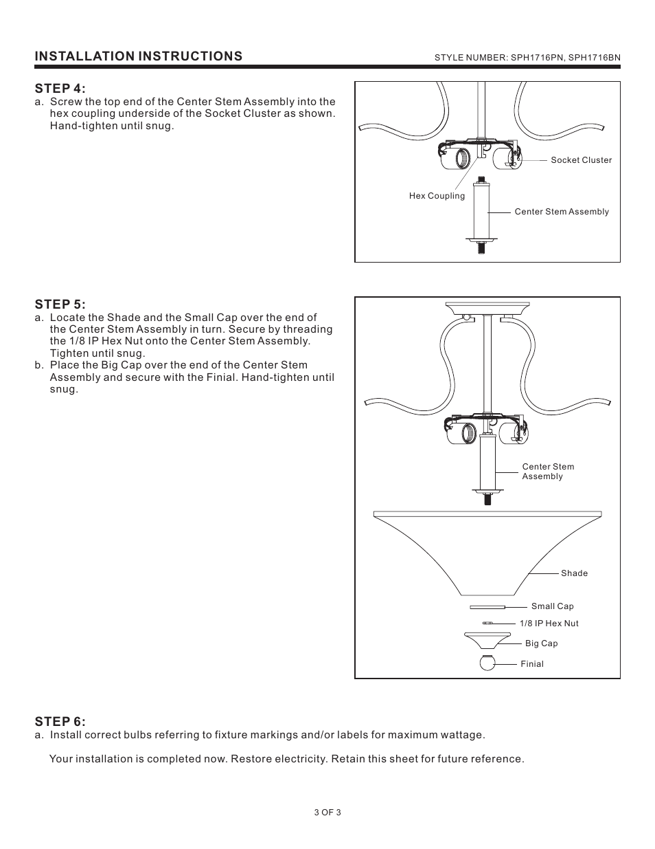 Installation instructions step 4, Step 5, Step 6 | Quoizel SPH1716BN Sophia User Manual | Page 3 / 3