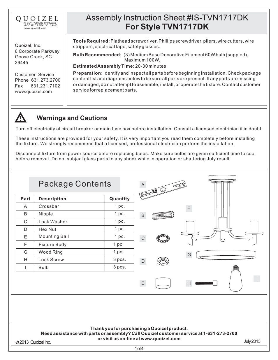 Quoizel TVN1717DK Tavern User Manual | 4 pages