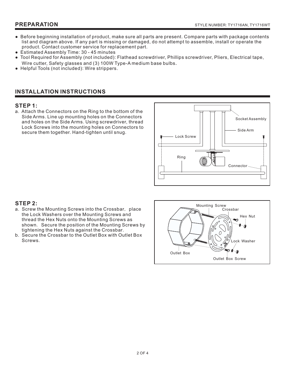 Preparation, Installation instructions step 1, Step 2 | Quoizel TY1716AN Taylor User Manual | Page 2 / 4