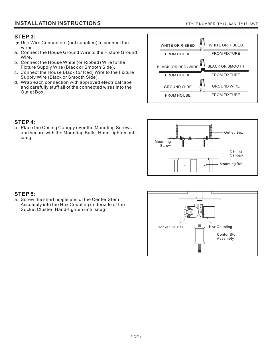 Installation instructions, Step 3, Step 4 | Step 5 | Quoizel TY1716AN Taylor User Manual | Page 3 / 4