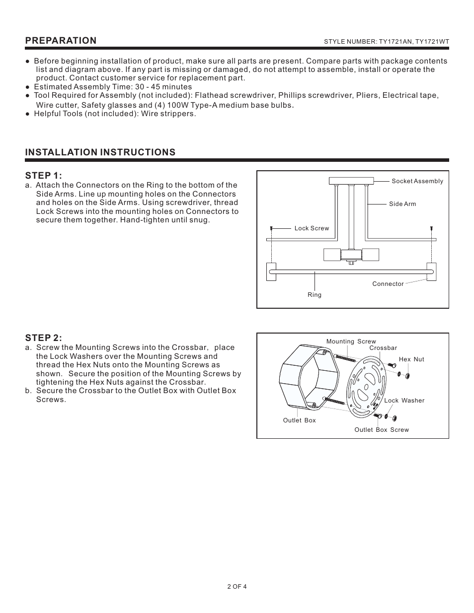 Preparation, Installation instructions step 1, Step 2 | Quoizel TY1721AN Taylor User Manual | Page 2 / 4