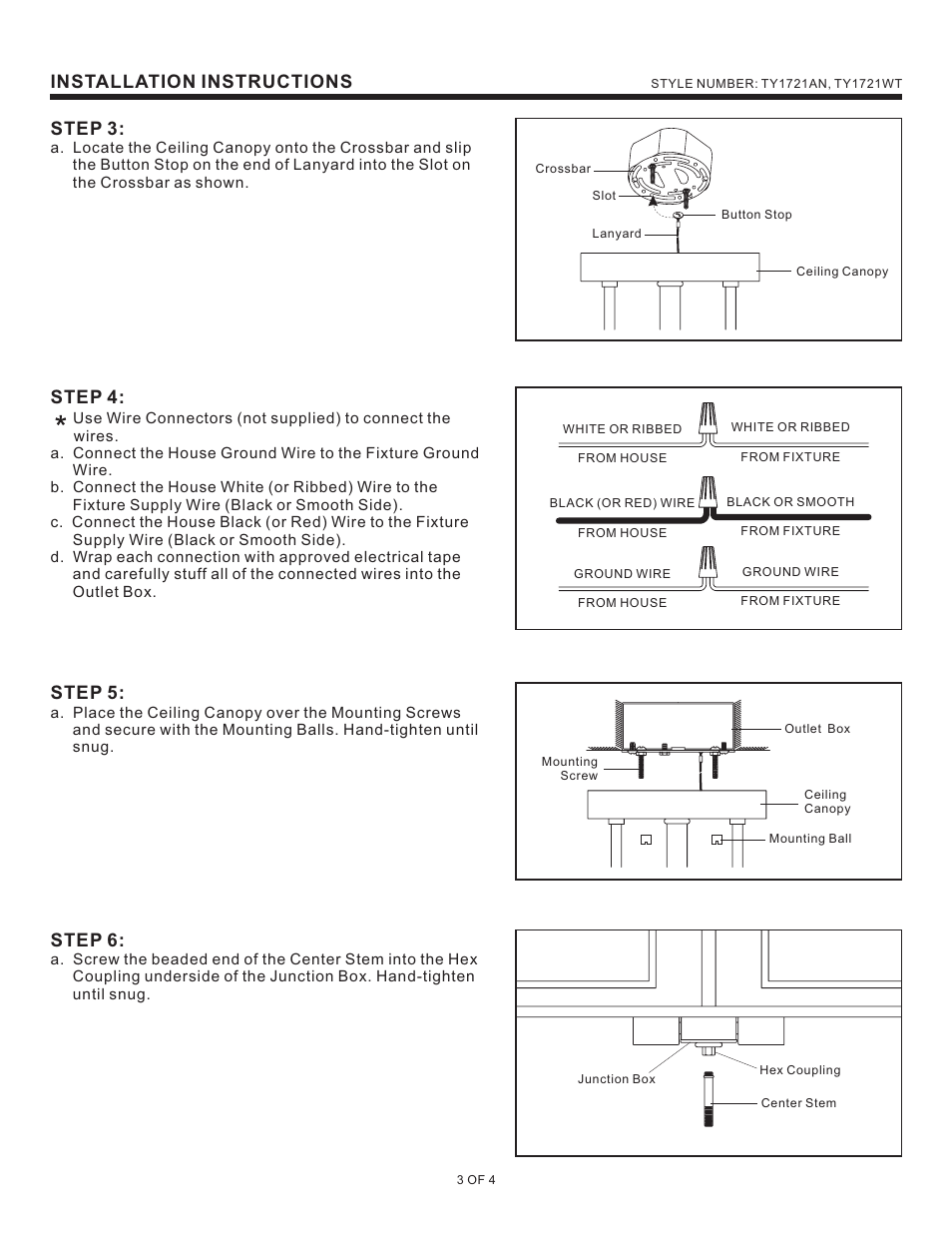 Installation instructions step 3, Step 4, Step 5 | Step 6 | Quoizel TY1721AN Taylor User Manual | Page 3 / 4