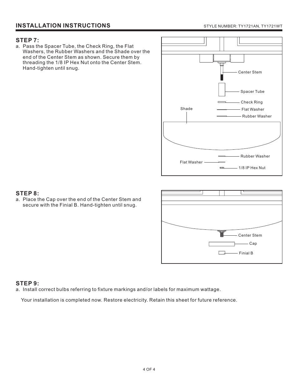 Installation instructions, Step 7, Step 8 | Step 9 | Quoizel TY1721AN Taylor User Manual | Page 4 / 4