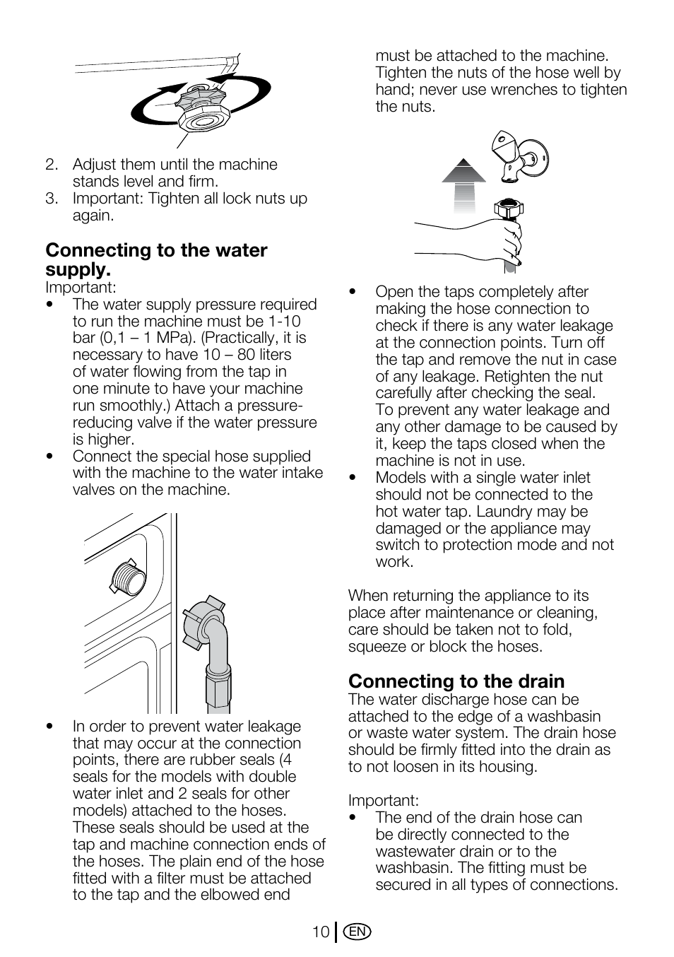 Connecting to the water supply, Connecting to the drain | Beko WMA 657 S User Manual | Page 10 / 36