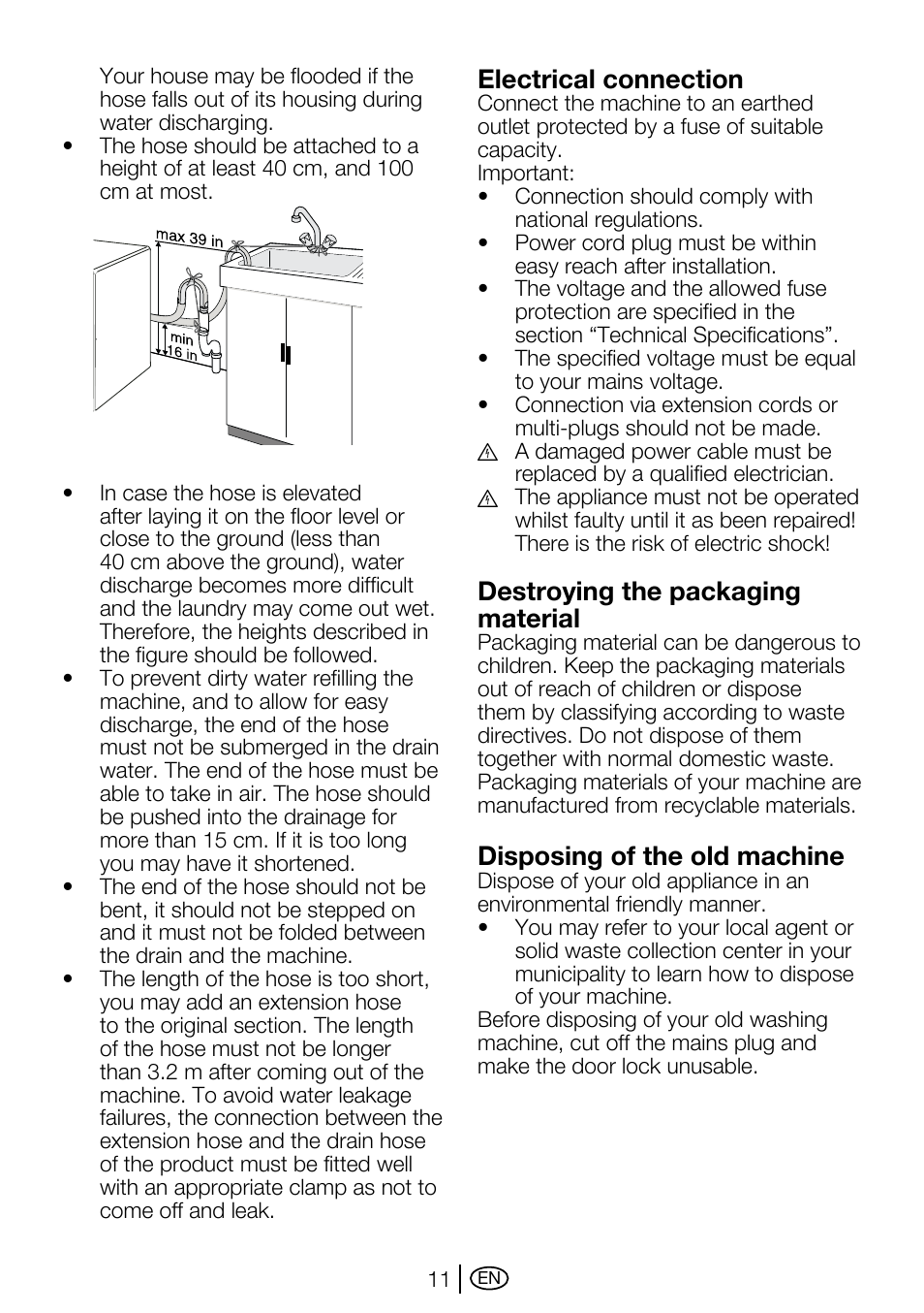 Electrical connection, Destroying the packaging material, Disposing of the old machine | Beko WMA 657 S User Manual | Page 11 / 36