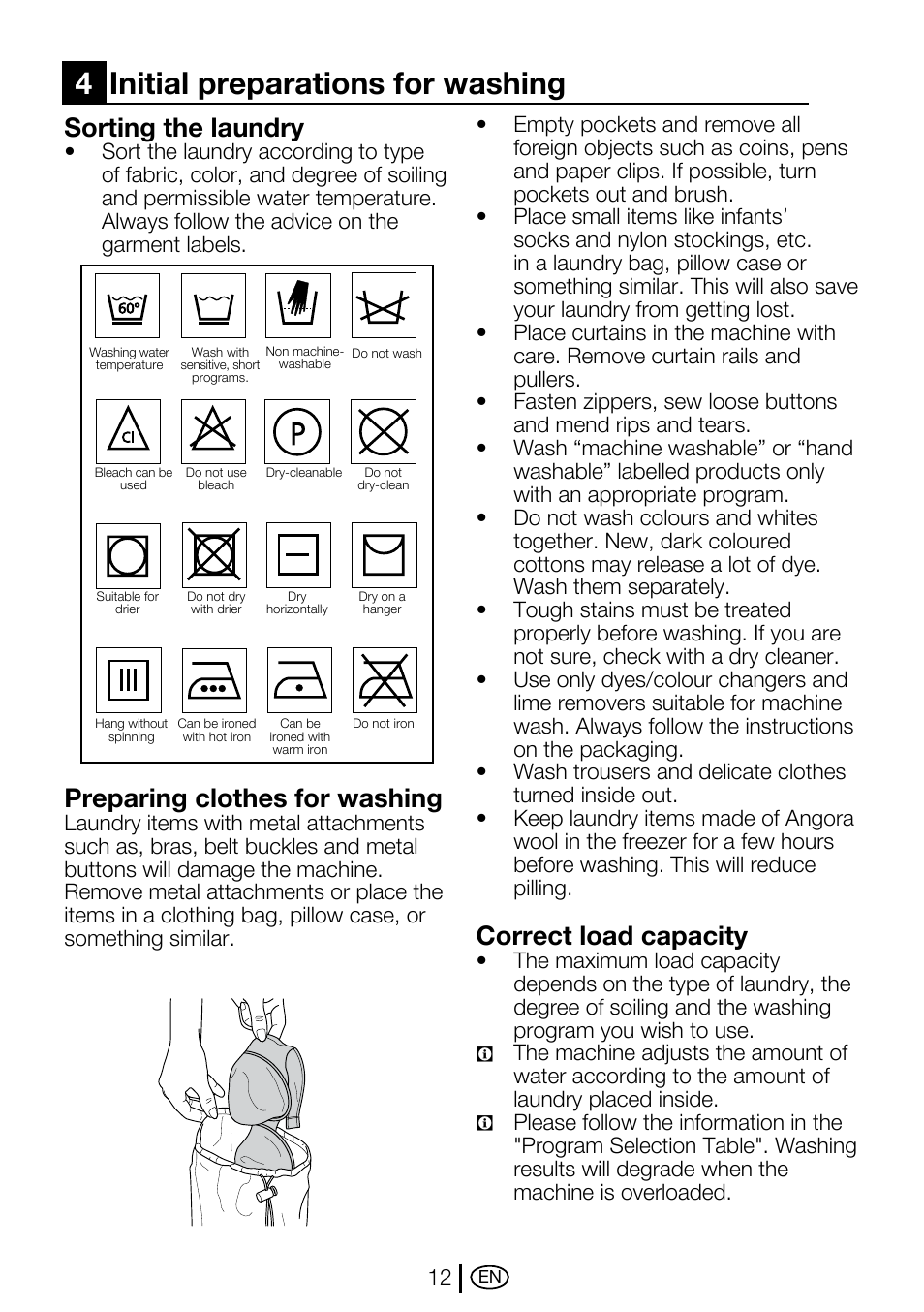 4initial preparations for washing, Sorting the laundry, Preparing clothes for washing | Correct load capacity | Beko WMA 657 S User Manual | Page 12 / 36