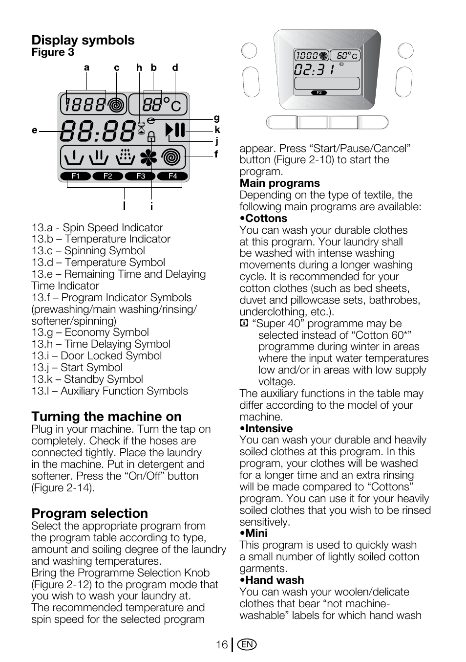 Display symbols, Turning the machine on, Program selection | Beko WMA 657 S User Manual | Page 16 / 36