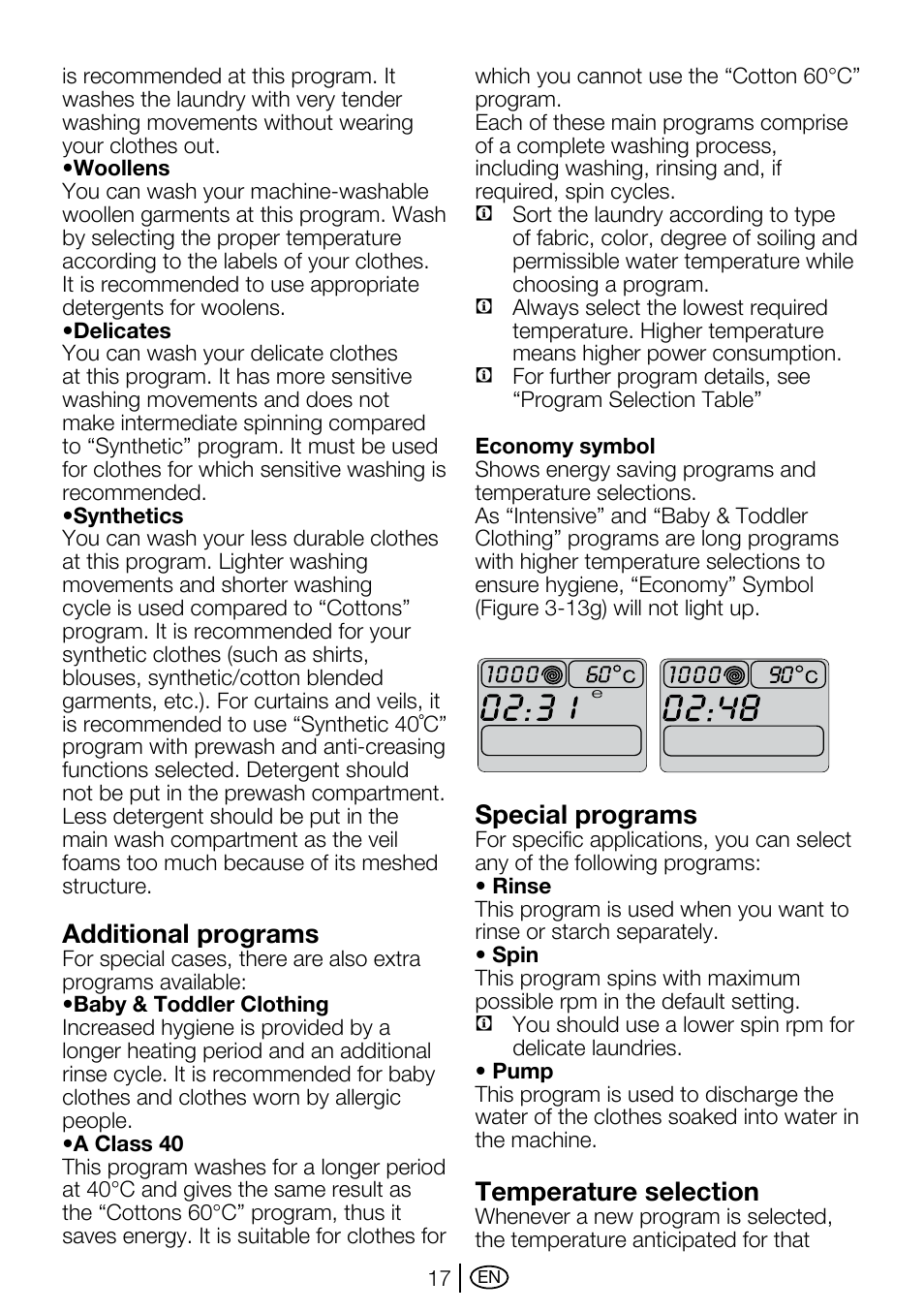 Additional programs, Special programs, Temperature selection | Beko WMA 657 S User Manual | Page 17 / 36