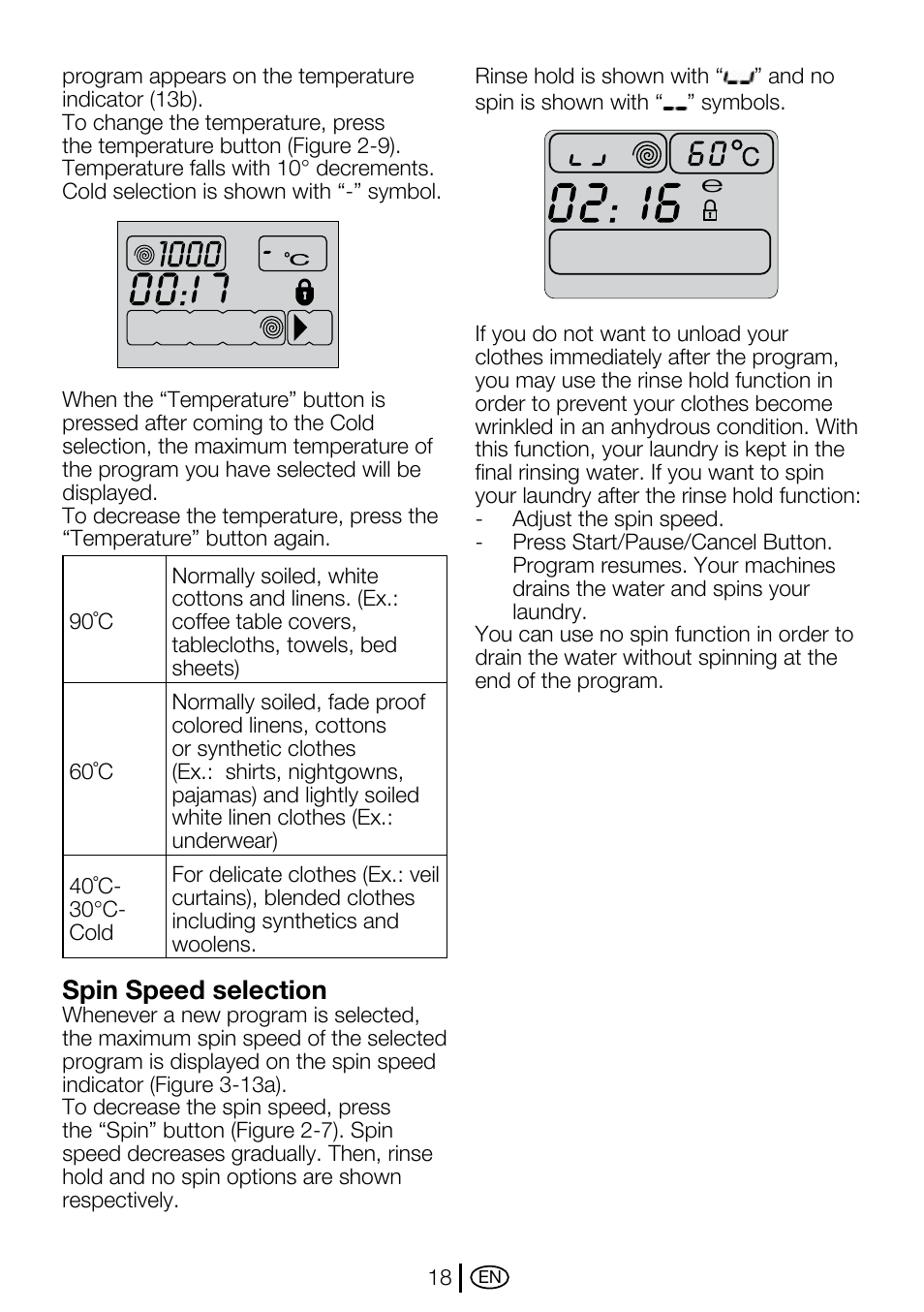 Spin speed selection | Beko WMA 657 S User Manual | Page 18 / 36