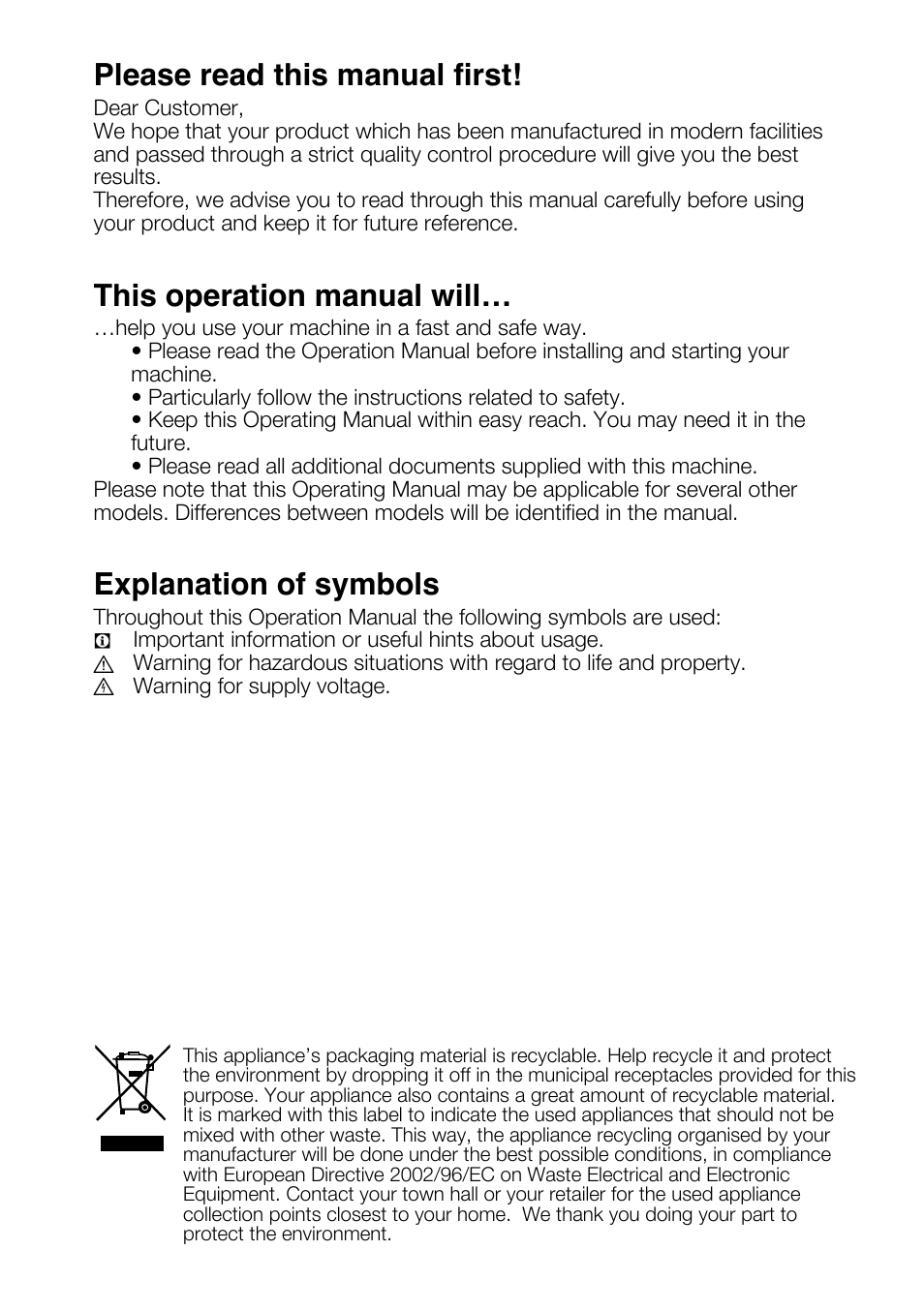 Please read this manual first, This operation manual will, Explanation of symbols | Beko WMA 657 S User Manual | Page 2 / 36